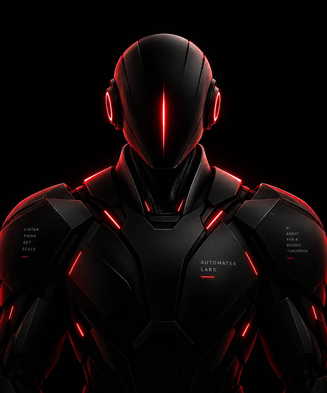 Front-facing black AI agent with broad shoulders and red rim lighting