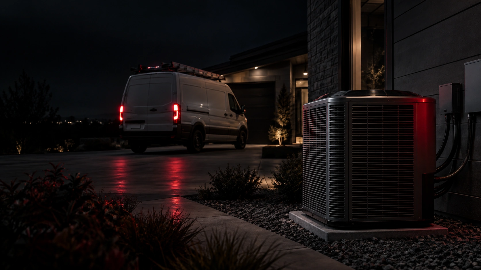 Outdoor HVAC condenser and professional service van beside a modern home at night